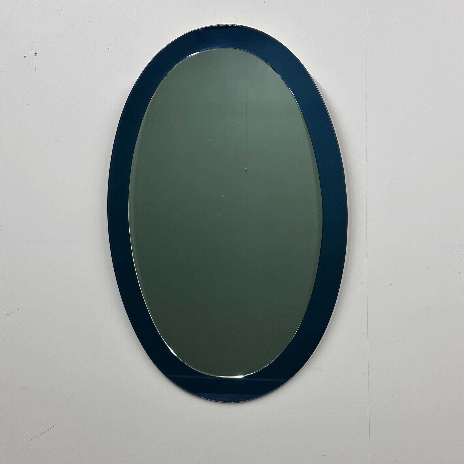 photo furniture Rare Pair Of Italian Blue Oval Mirrors, Attributed To Cristal Arte, 1970s