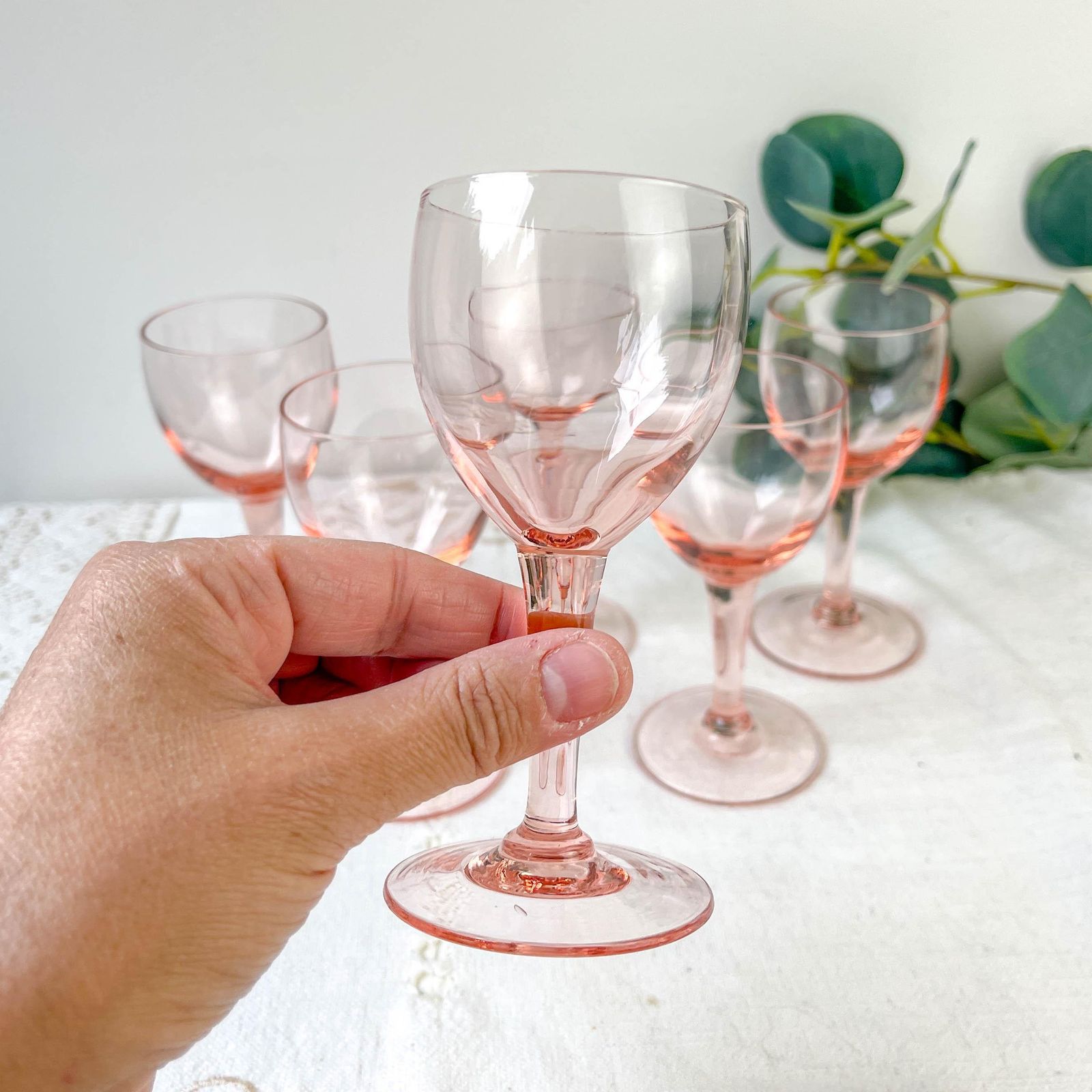 6 Vintage Faceted Pink Glass Red Wine Glasses – 1950s – French Elegance photo for sale