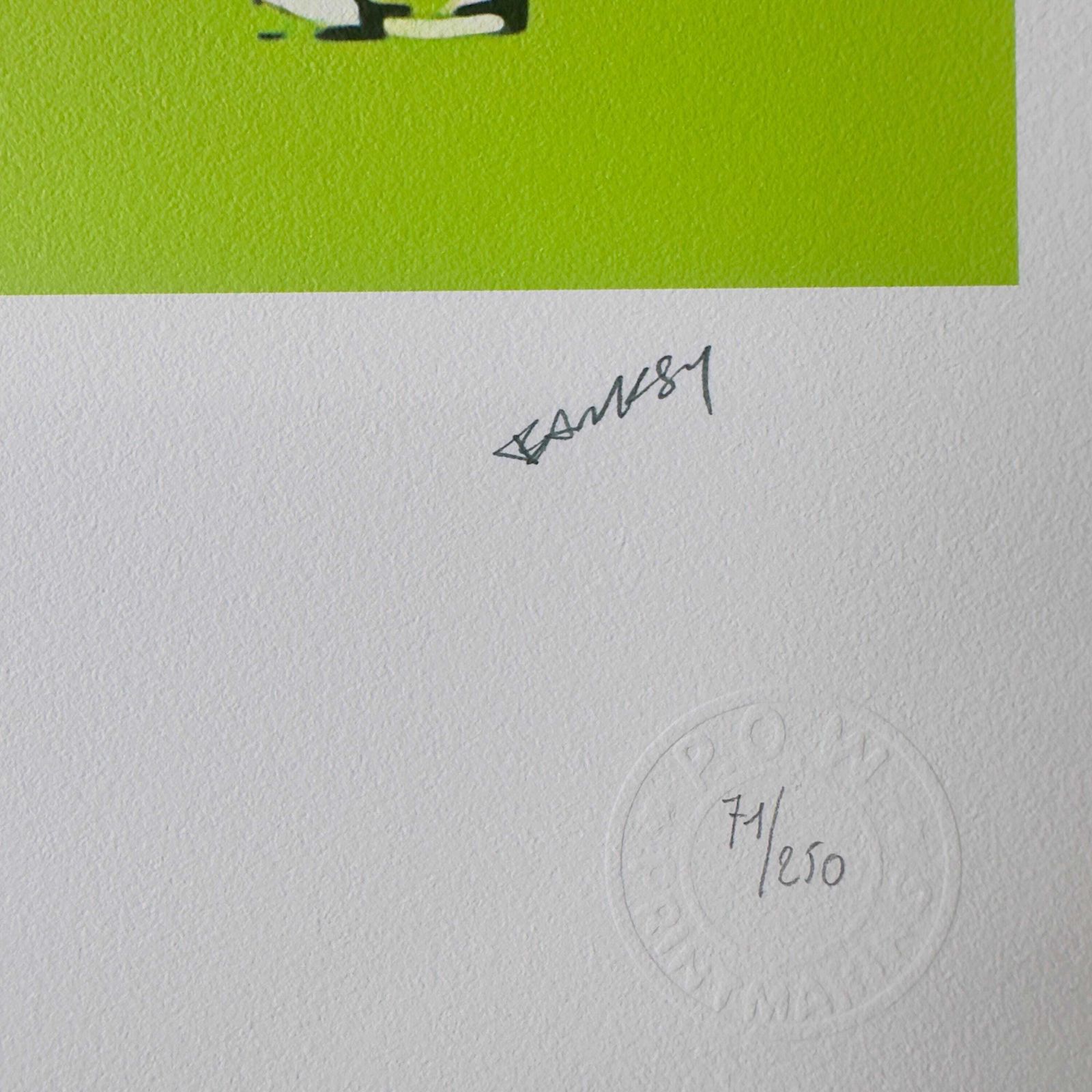 Banksy | 'Choose Your Weapon' (Light Green Variant) Signed And Numbered Limited Edition Print, Hand Pulled Screenprint/High End Offset Lithograph photo furniture