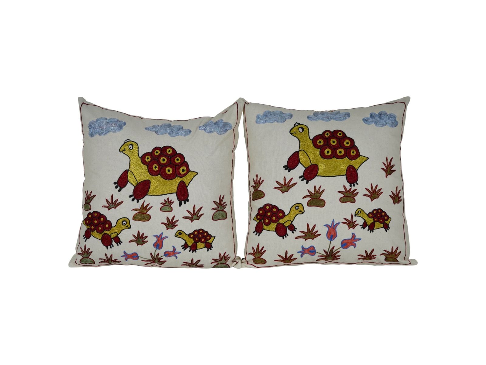Embroidered Turtle Pillow Pair, Suzani Tortoise Cushion Covers, Bohemian Home Decor