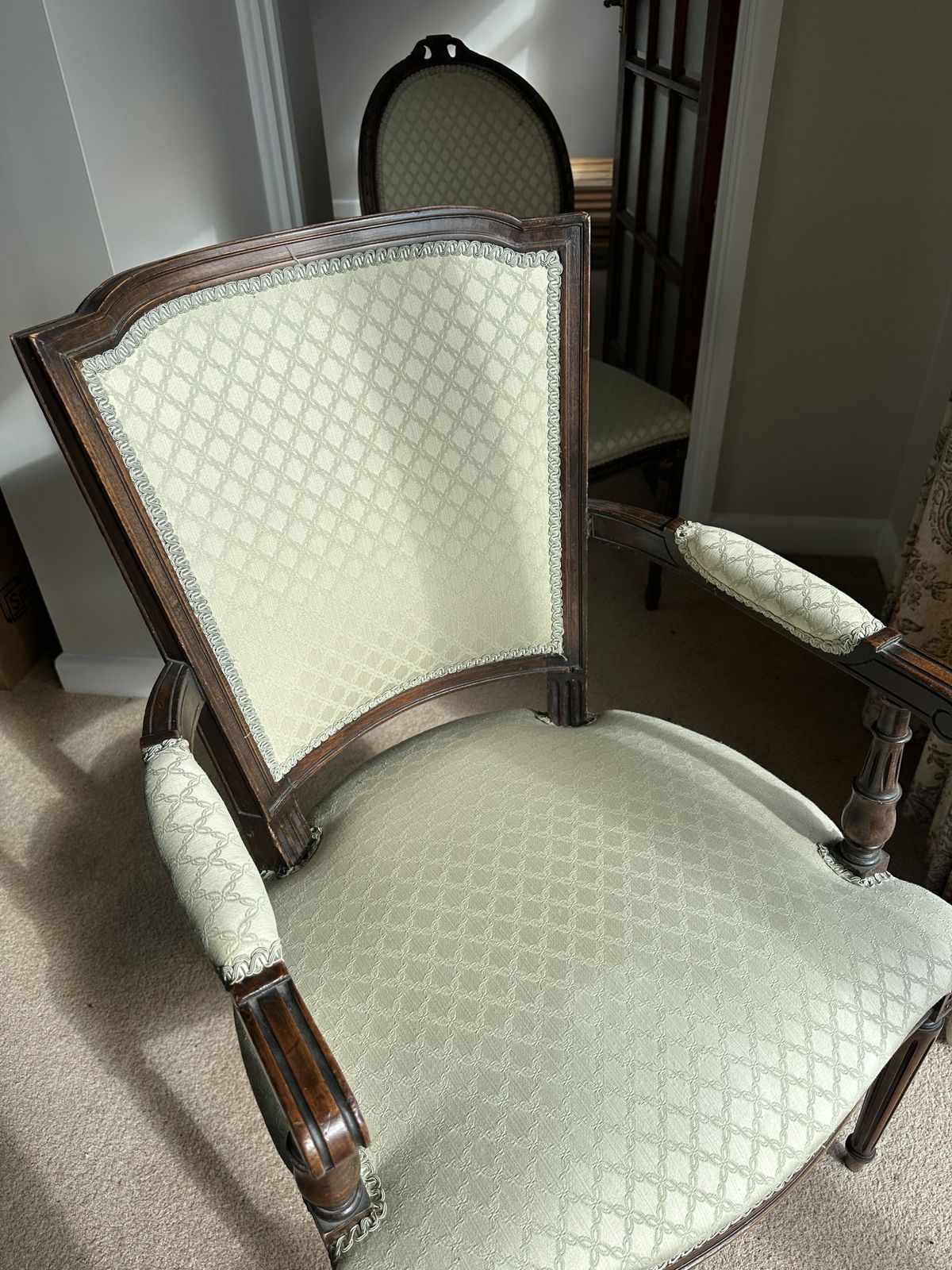 French Empire Style Pair Of Carvers C. 1890 + Set Of Six Upholstered Back French Empire Style Dining Chairs с. 1880 photo vinterior