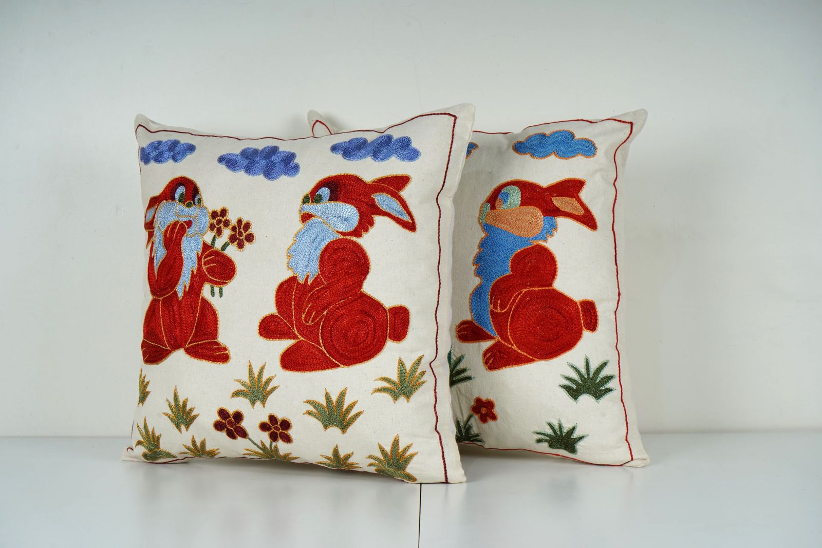 Red Bunny Suzani Pillow Cover Pair, Embroidered Folk Art Cushion photo furniture
