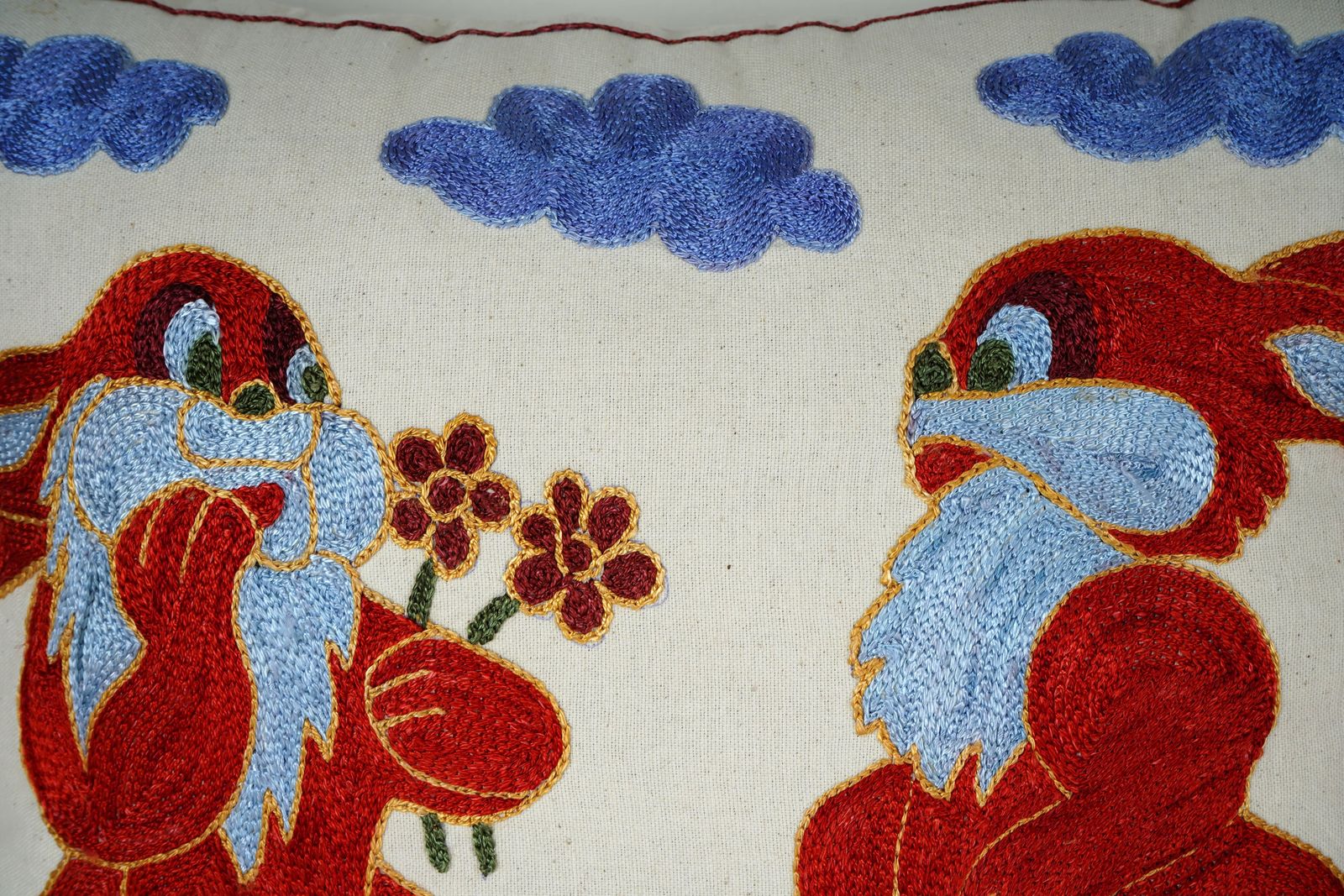 Red Bunny Suzani Pillow Cover Pair, Embroidered Folk Art Cushion photo 100.0