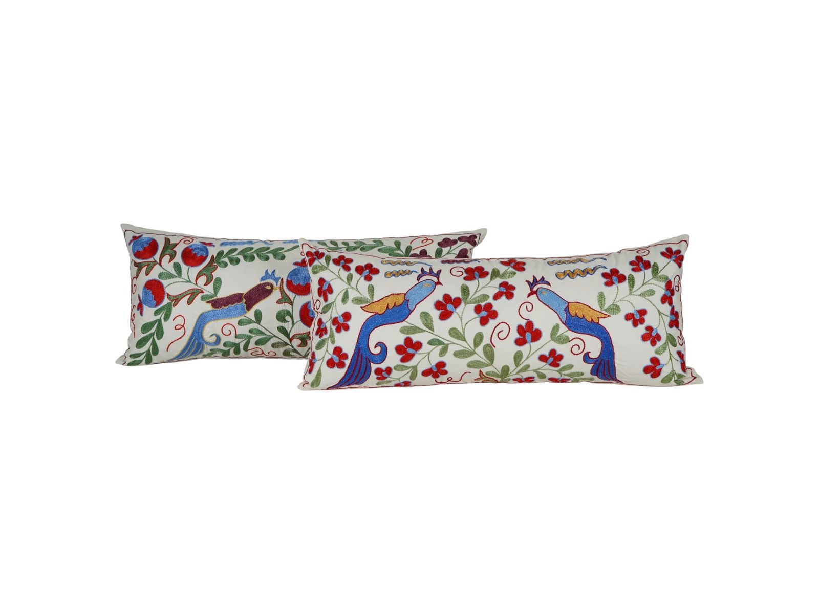 Hand Embroidered Suzani Lumbar Pillow Covers – Uzbek Vintage Bird & Flower Set