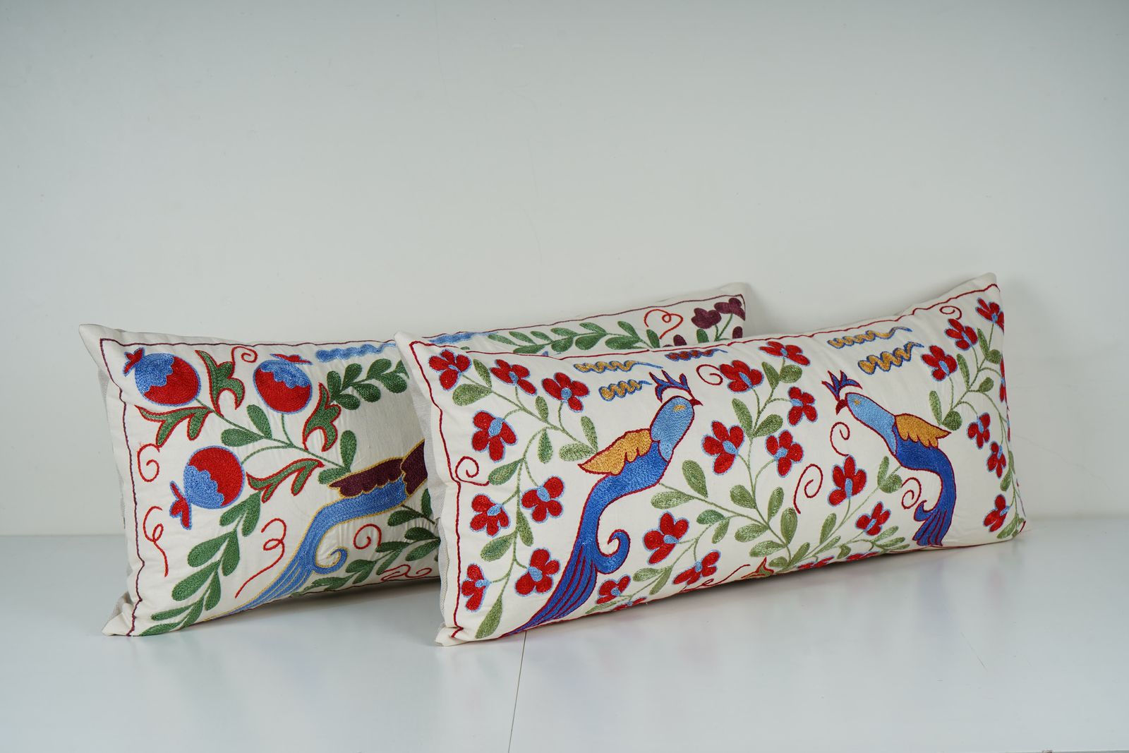 Hand Embroidered Suzani Lumbar Pillow Covers – Uzbek Vintage Bird & Flower Set photo furniture