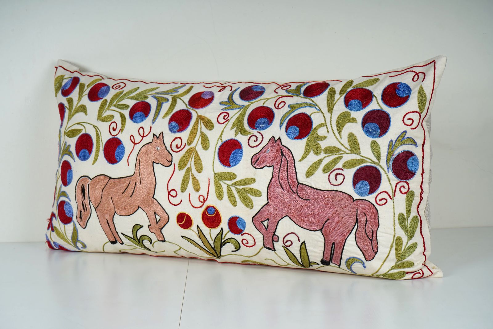 Boho Horse Suzani Lumbar Pillow – Hand Embroidered Decorative Cushion Cover photo for sale