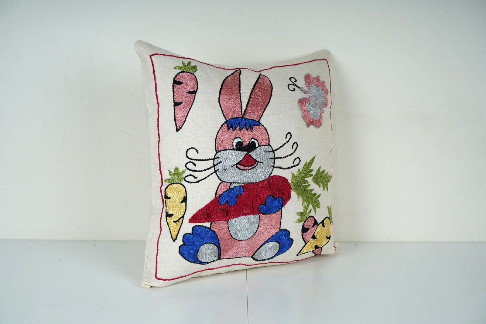 Handmade Embroidered Bunny Pillow Cover – Cute Rabbit & Carrot Nursery , Kids Room Decor, Boho Suzani Pillow photo furniture