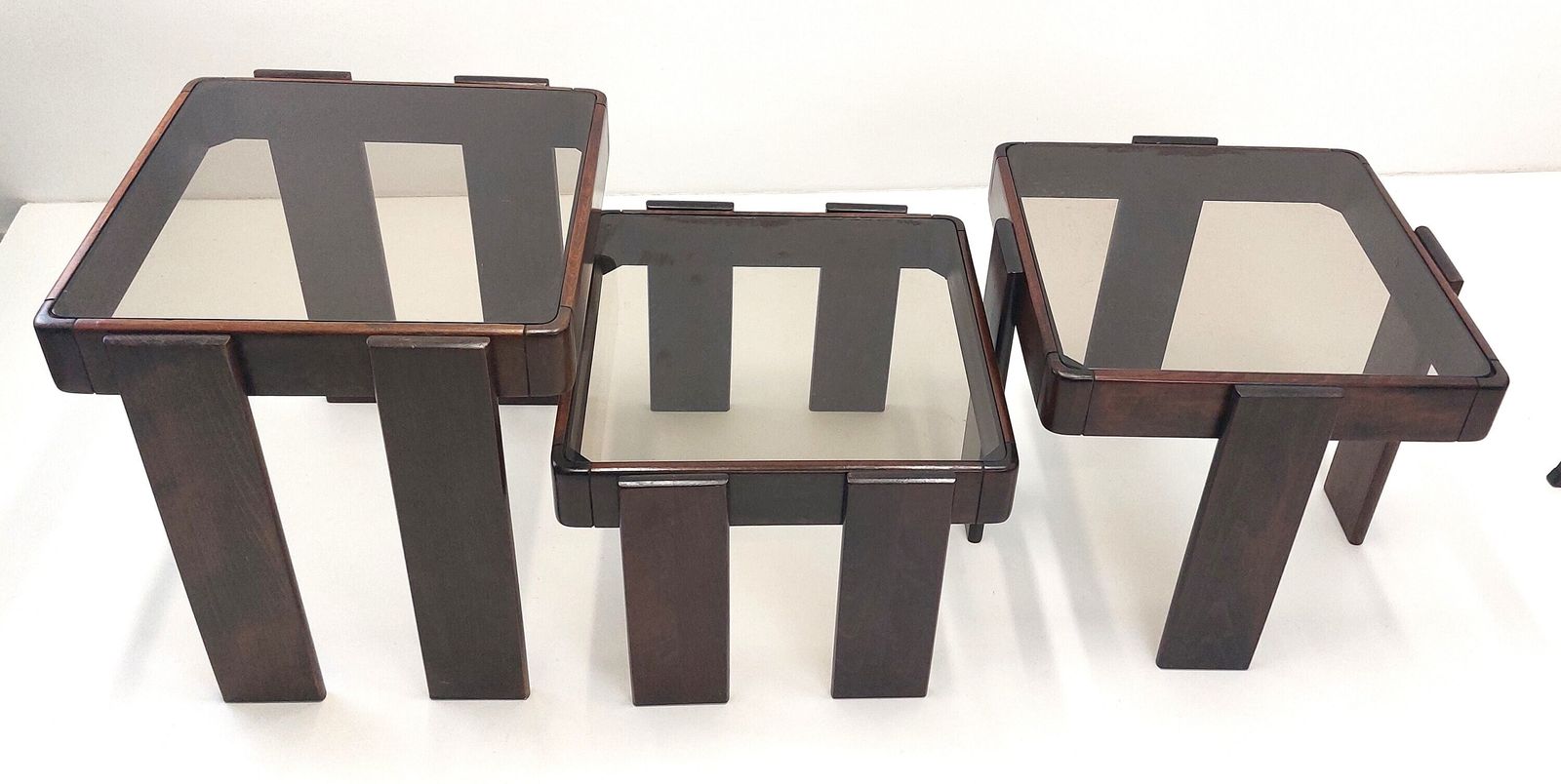 Mid Century Modern Nesting Tables / Italian Design By Gianfranco Frattini / Smoked Glass & Wooden Panels / Stackable Tables / 70s Yugoslavia photo furniture