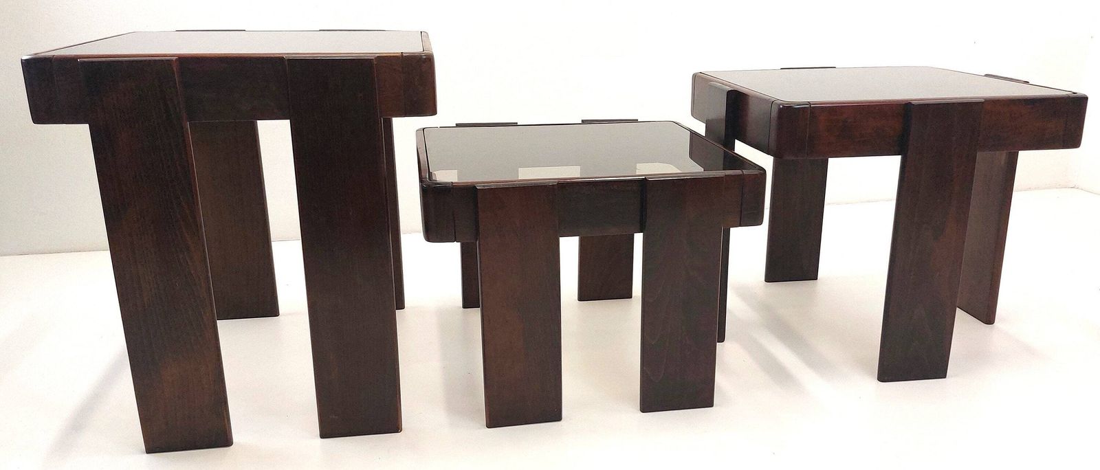 Mid Century Modern Nesting Tables / Italian Design By Gianfranco Frattini / Smoked Glass & Wooden Panels / Stackable Tables / 70s Yugoslavia photo for sale