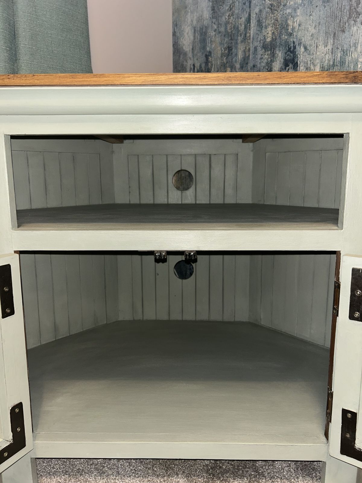 Upcycled Green Solid Wood Corner Tv Stand photo for sale