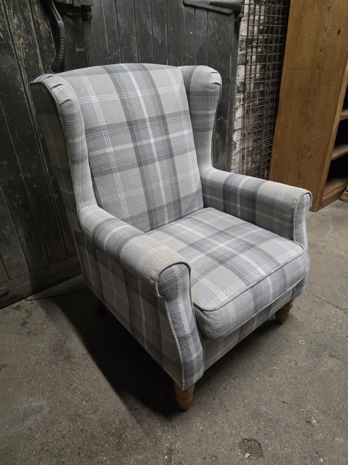 Grey Tartan Fabric Wingback Armchair Chair photo 399.0