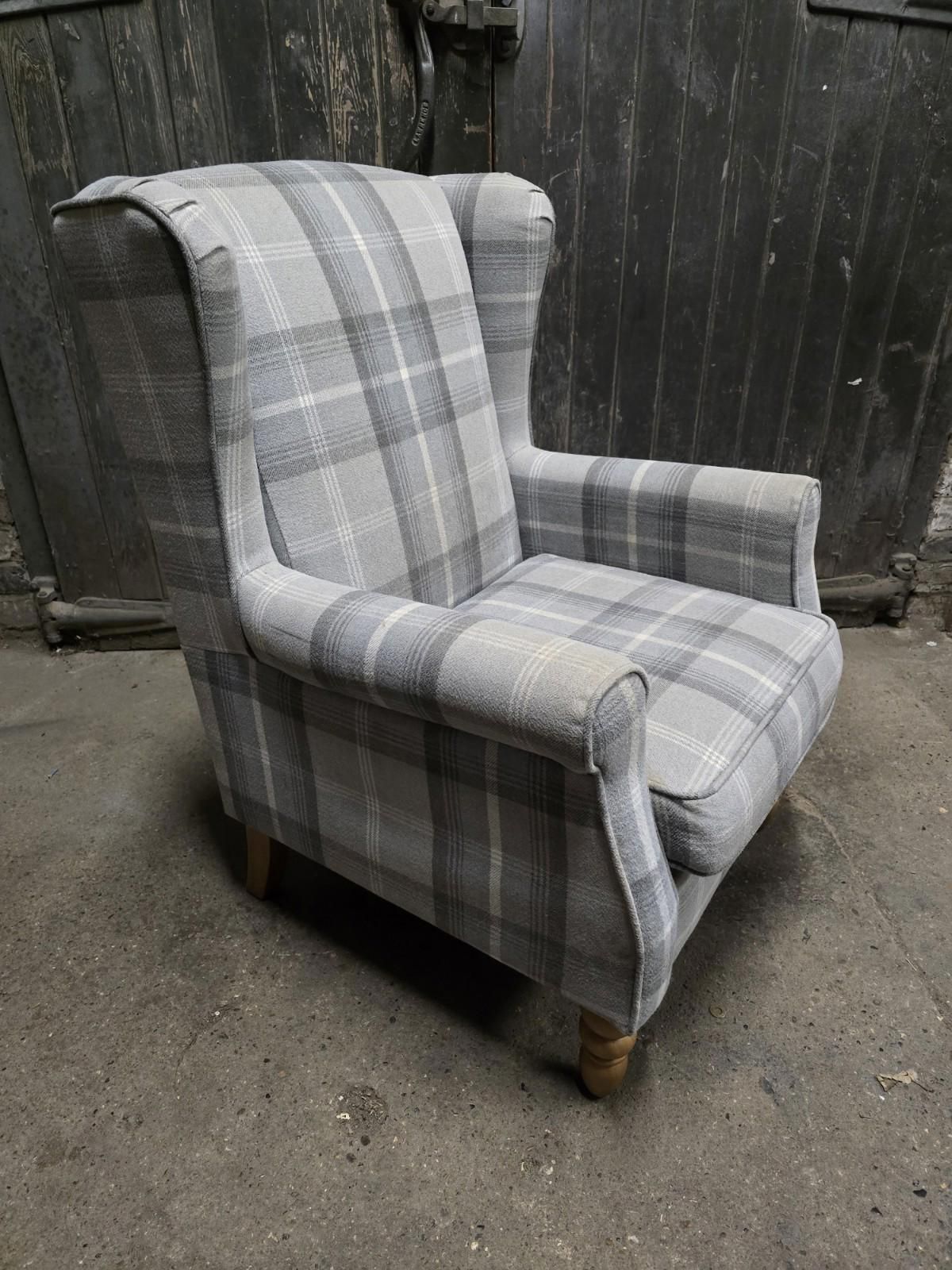 Grey Tartan Fabric Wingback Armchair Chair photo buy