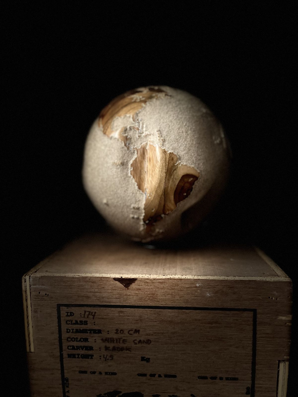 photo for sale White Teak Wood & Volcanic Sand Globe By Bruno Helgen  Id 174  Wood Globe Sculpture