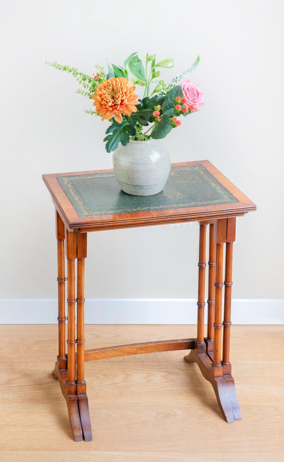 Edwardian Faux Bamboo Nesting Tables – Antique Mahogany Side Table Set – Green Leather Tops   Victorian Home Decor photo Furniture