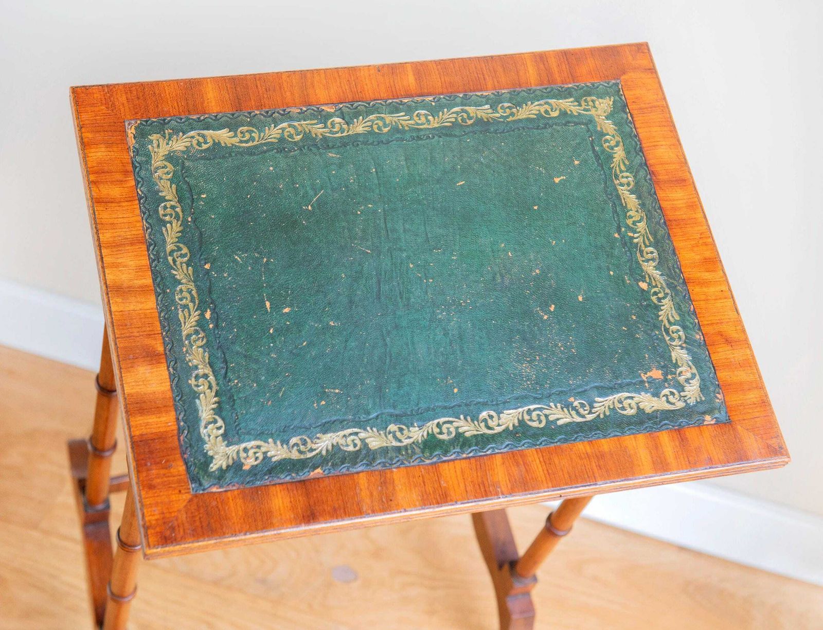 photo furniture Edwardian Faux Bamboo Nesting Tables – Antique Mahogany Side Table Set – Green Leather Tops   Victorian Home Decor