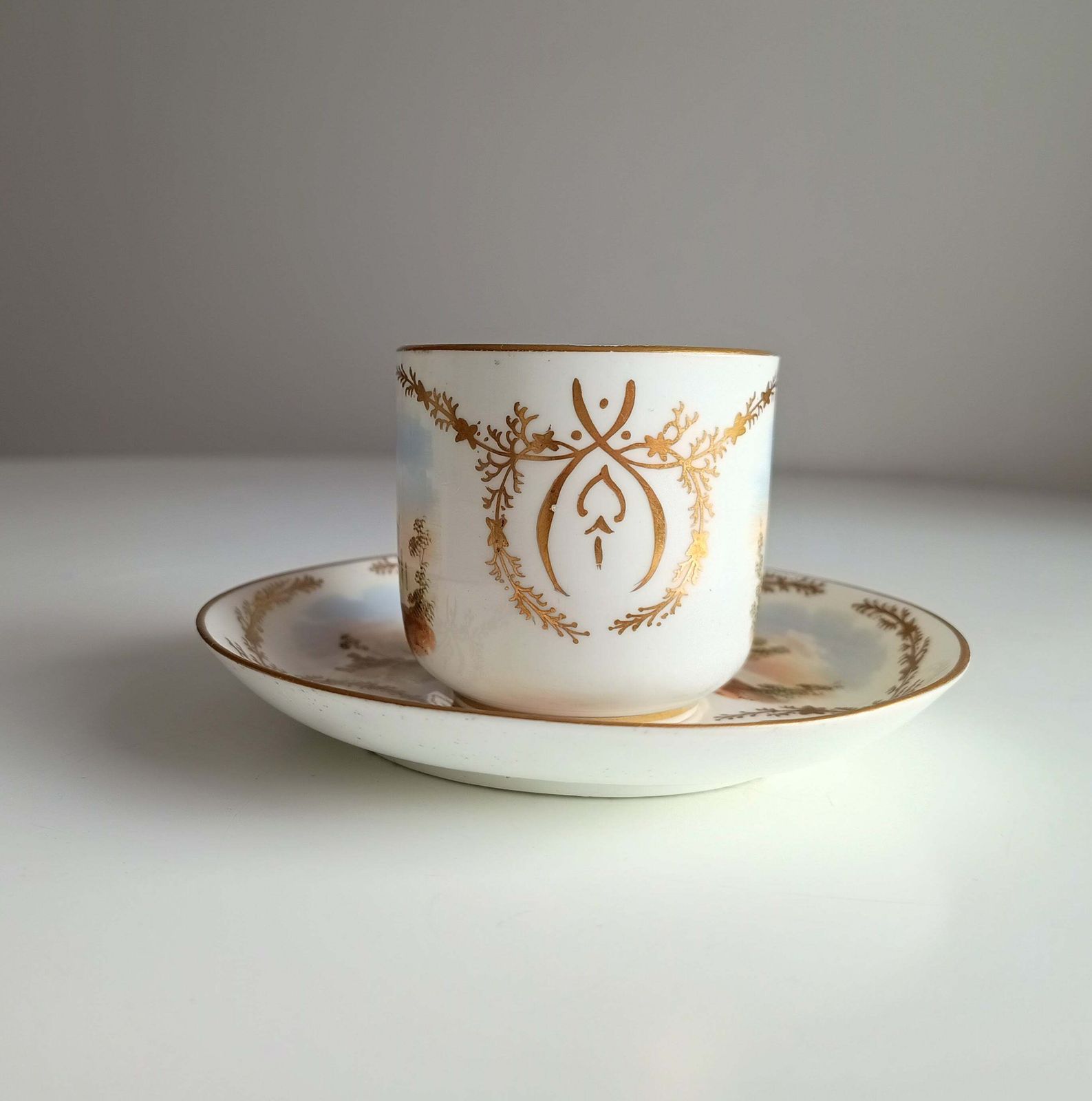 Antique Hand Painted Landscape And Gilt Crests Porcelain Cup & Saucer, Austria 19th Century photo Home Decor