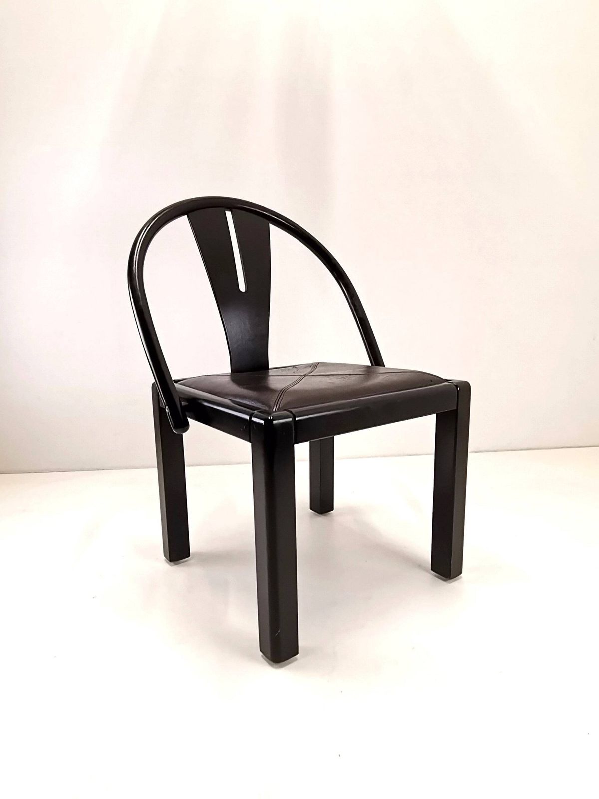 Rare Postmodern Dining Chair / Italian Design / Solid Wood And Leather Seat / Dining Office Chairs / 80s Italy