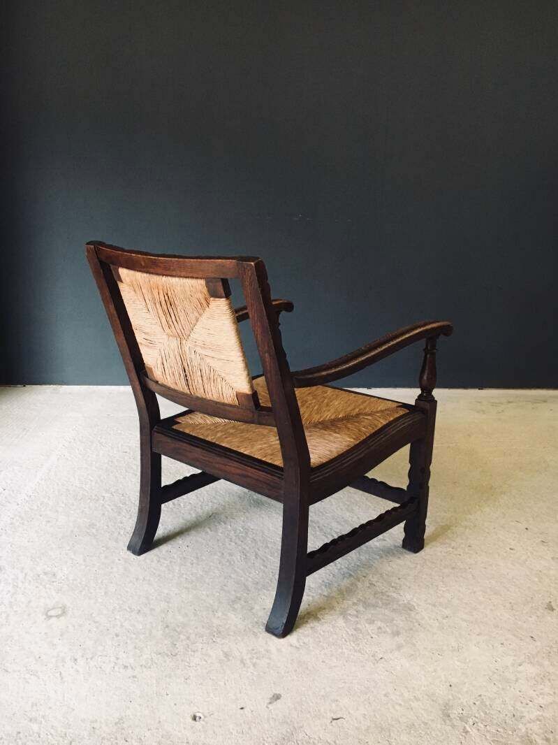 Arts & Crafts Style Design Oak & Rush Low Armchair, Belgium 1920's photo buy