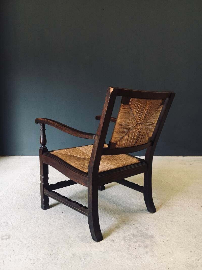 Arts & Crafts Style Design Oak & Rush Low Armchair, Belgium 1920's photo vintage
