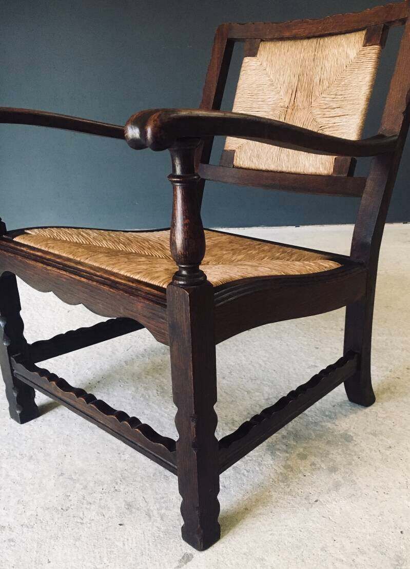 Meubels Arts & Crafts Stijl Fauteuil Van Eiken En Riet, België Jaren 1920 photo