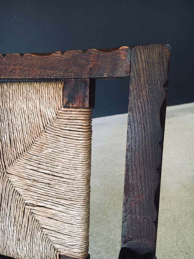 photo buy Arts & Crafts Style Design Oak & Rush Low Armchair, Belgium 1920's