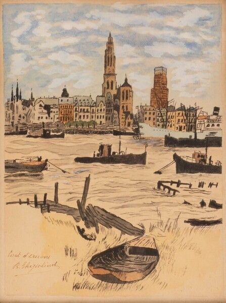 C1920s Dutch Harbour Scene Watercolour On Paper photo furniture