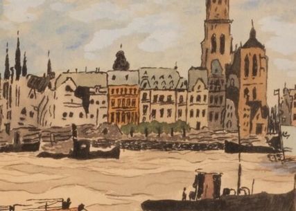 C1920s Dutch Harbour Scene Watercolour On Paper photo for sale