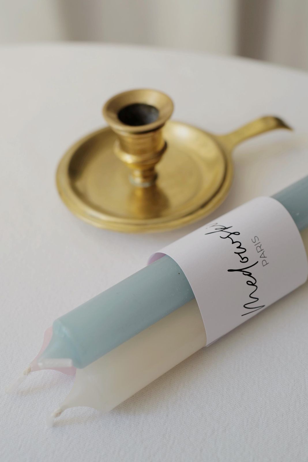 French Vintage Brass Candleholder With Handle: Includes 3 Pastel Candles photo vintage