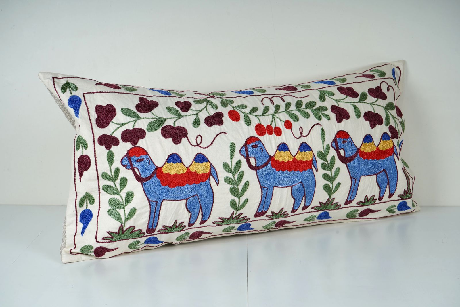 Vintage Suzani Pillow Cover – Uzbek Animal Design Lumbar Cushion photo furniture