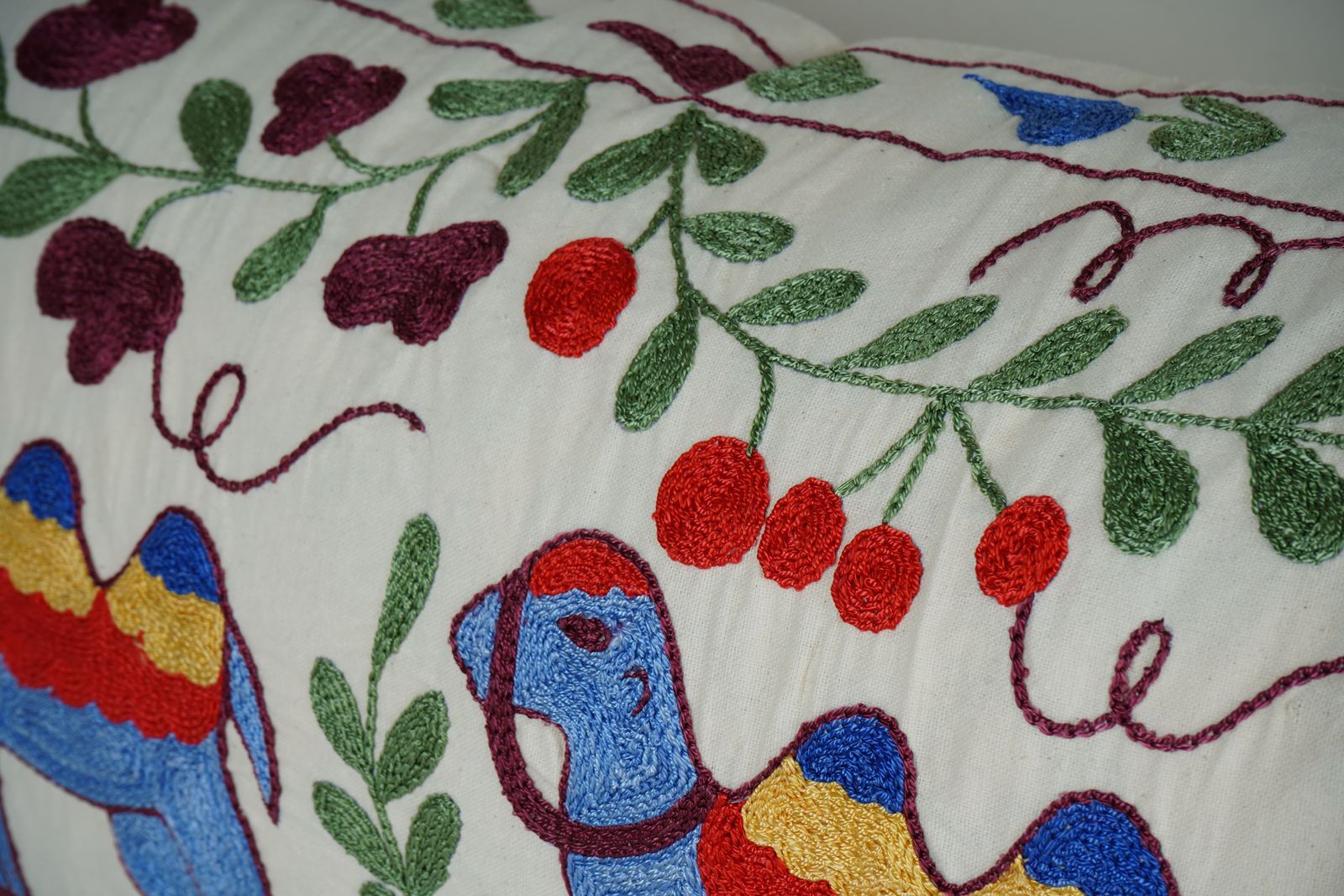 Vintage Suzani Pillow Cover – Uzbek Animal Design Lumbar Cushion photo for sale