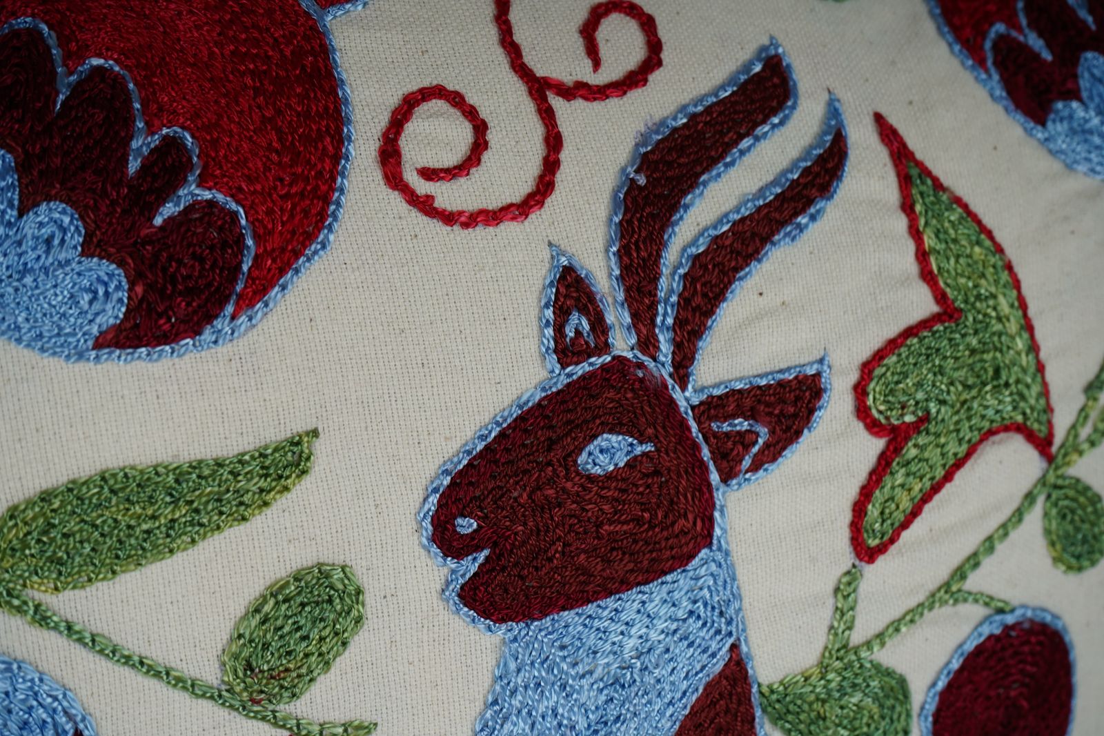 Handmade Suzani Lumbar Pillow Cover: Red & Blue Deer Embroidery photo Textiles