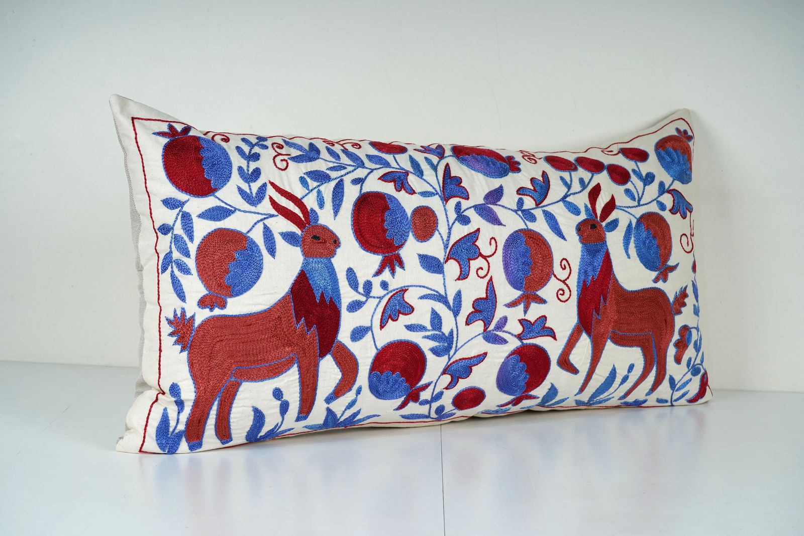 Vintage Suzani Lumbar Pillow Cover – Animal Design, Handmade Cotton photo for sale