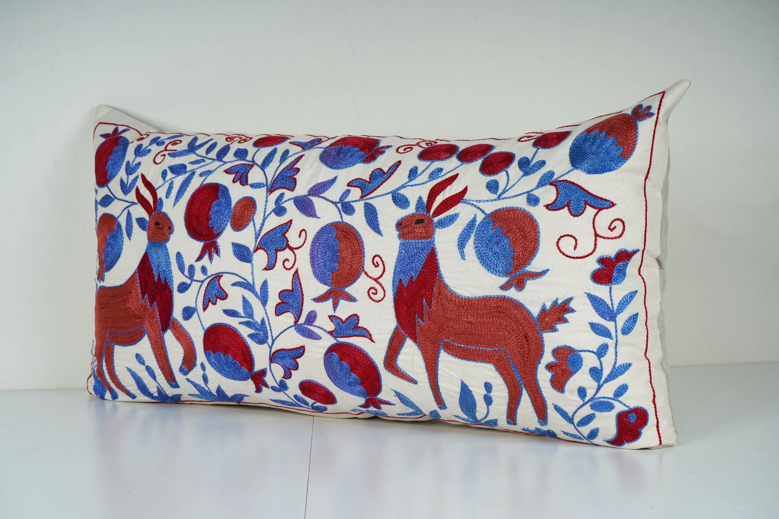 Vintage Suzani Lumbar Pillow Cover – Animal Design, Handmade Cotton photo Textiles