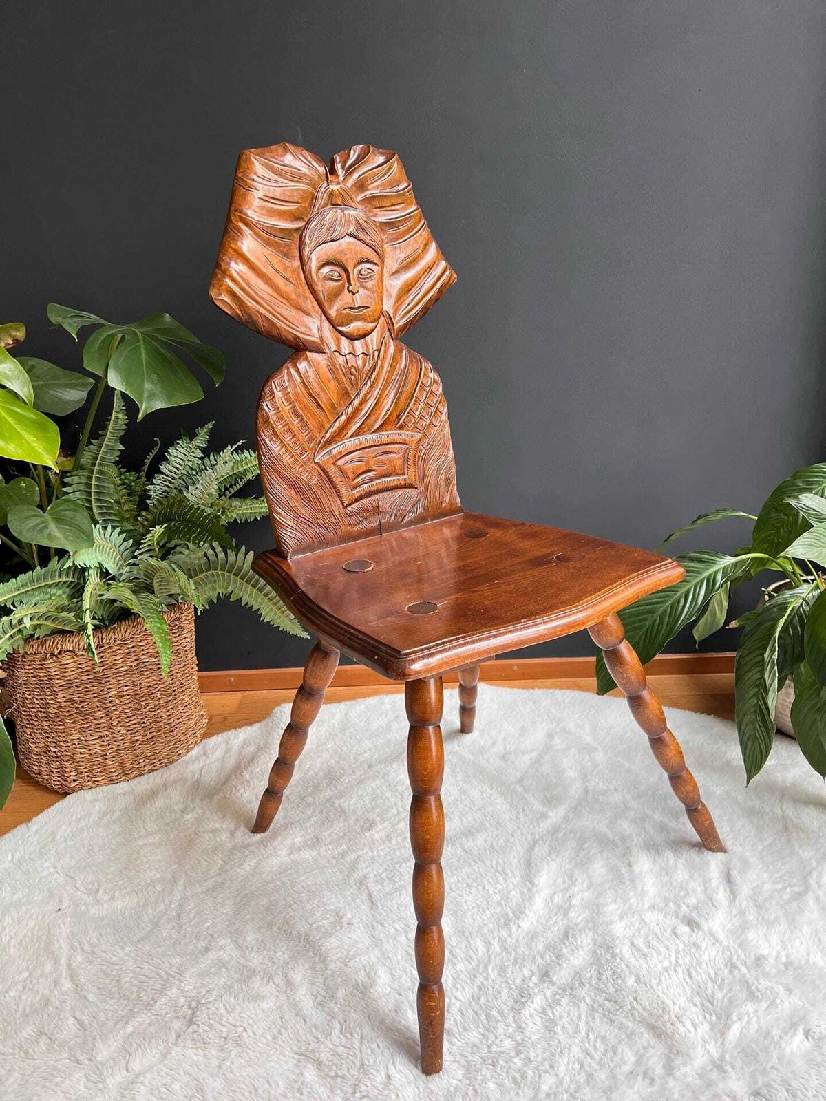 Antique French Alsatian Carved Oak Chair   Folk Art Country Farmhouse Accent Chair