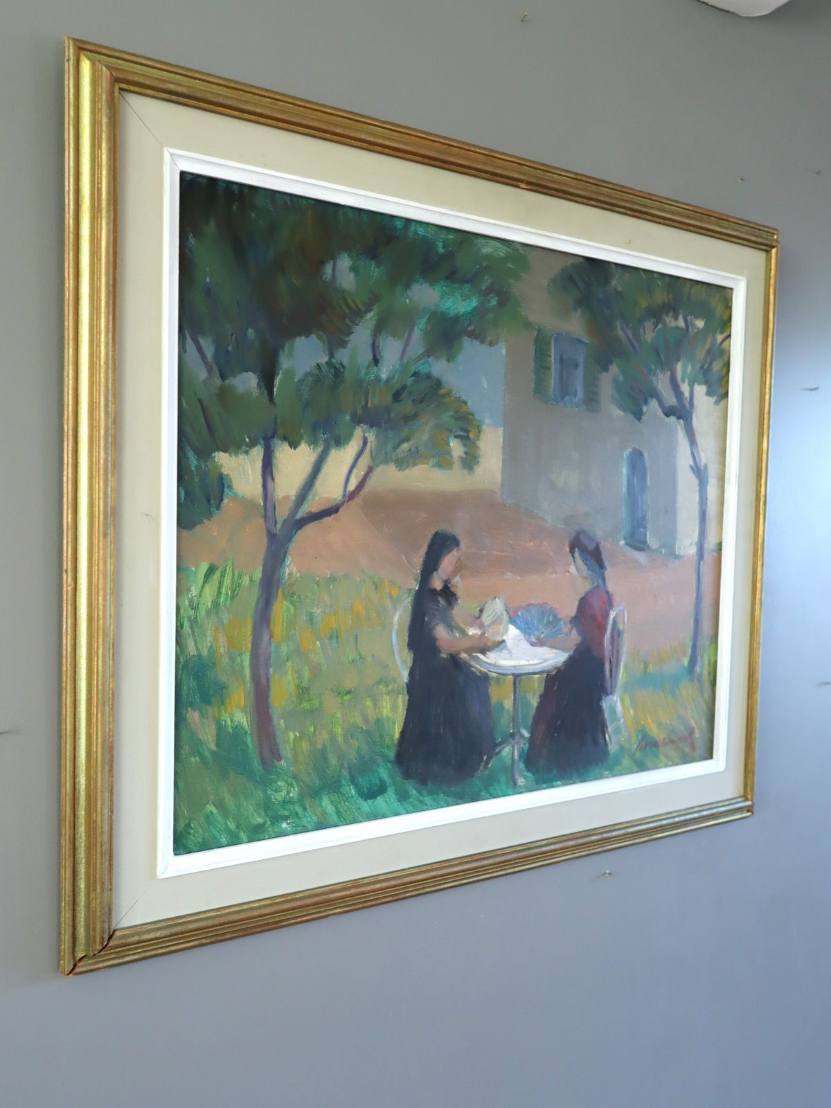 Garden Gathering Oil Painting, Mid 20th Century photo furniture
