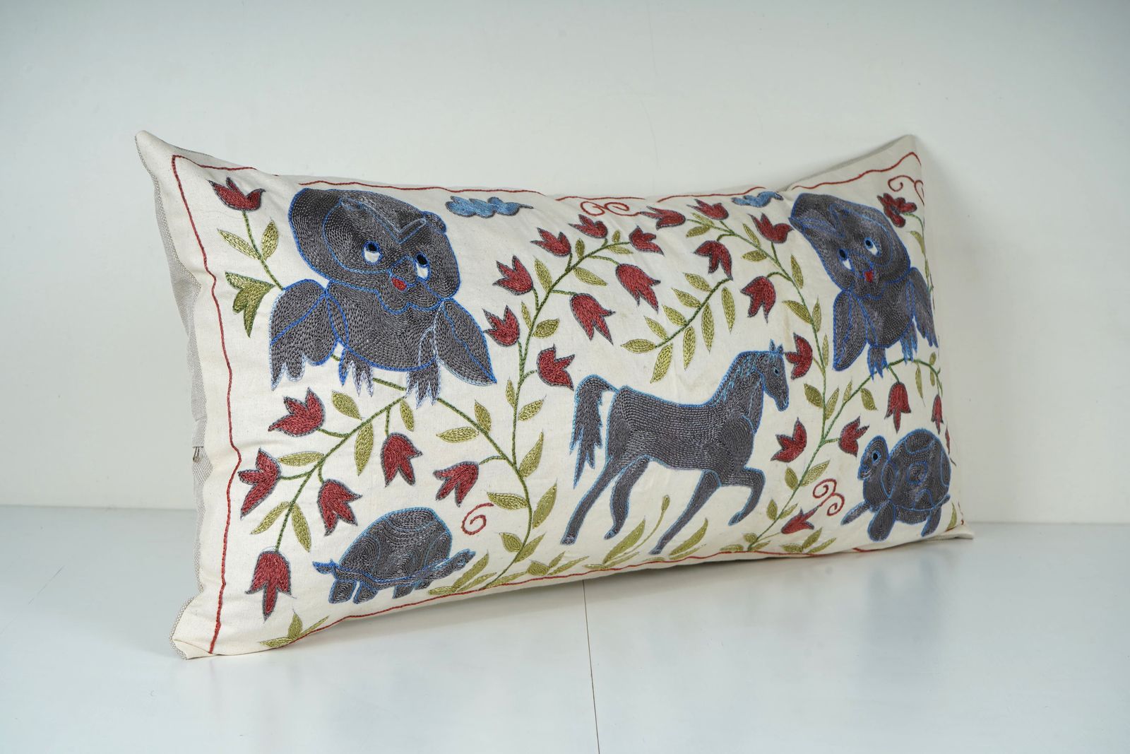 Uzbek Suzani Pillow Cover, Horse & Animal Design photo Textiles