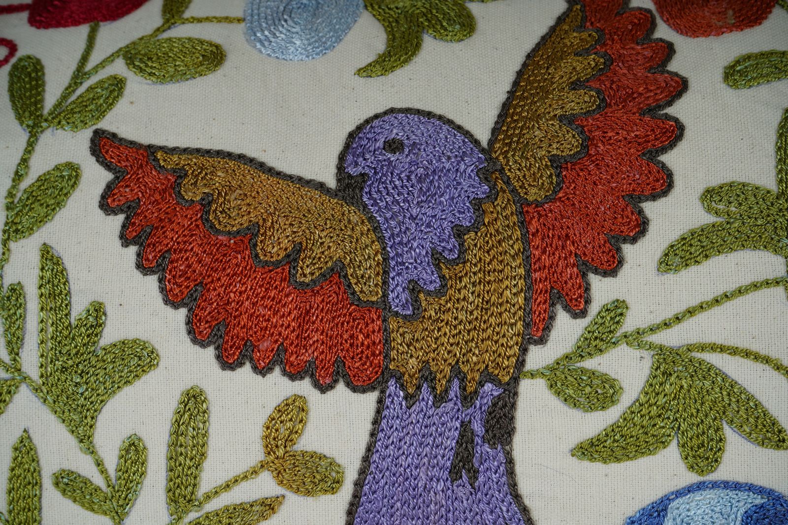 Hand Embroidered Suzani Lumbar Pillow Cover – Bird & Floral Design photo for sale