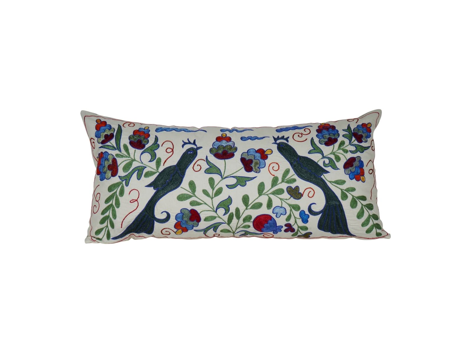 Vintage Suzani Lumbar Pillow Cover – Uzbek Bird Embroidery