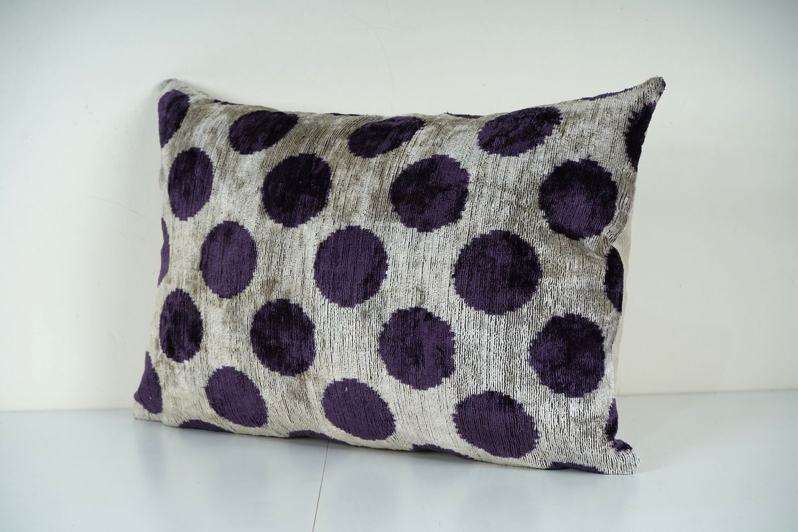 Handwoven Velvet Ikat Pillow Cover – Purple Polka Dot photo for sale