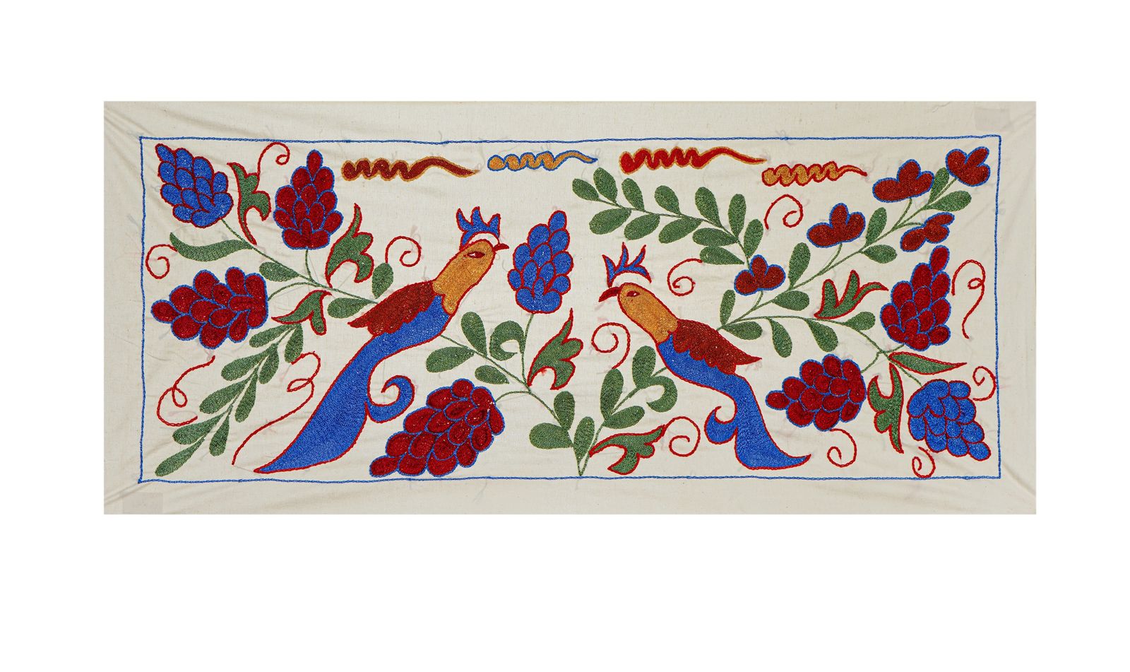 Uzbek Suzani Embroidery | Colorful Bird & Floral Motif Wall Tapestry Art 1'4'' X 3'1''