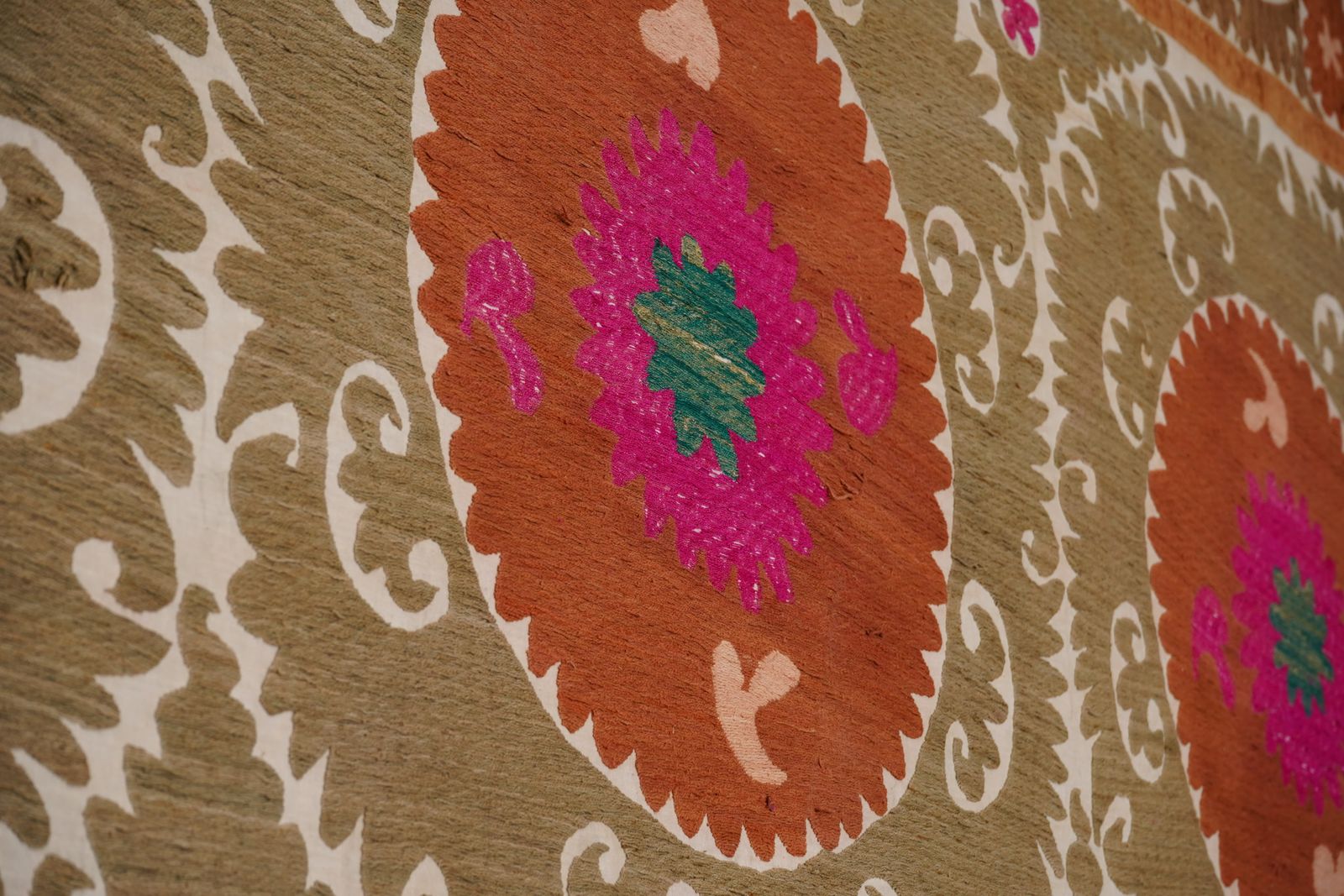Decorative Suzani Embroidery | Olive Green Living Room Wall Hanging 6'11'' X 10'3'' photo Textiles