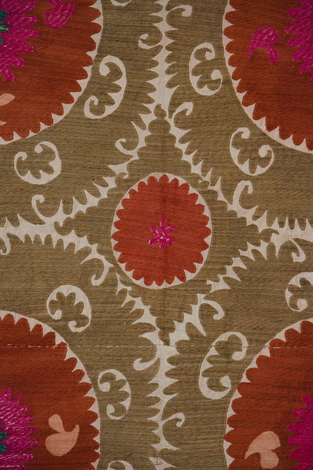 Decorative Suzani Embroidery | Olive Green Living Room Wall Hanging 6'11'' X 10'3'' photo vintage