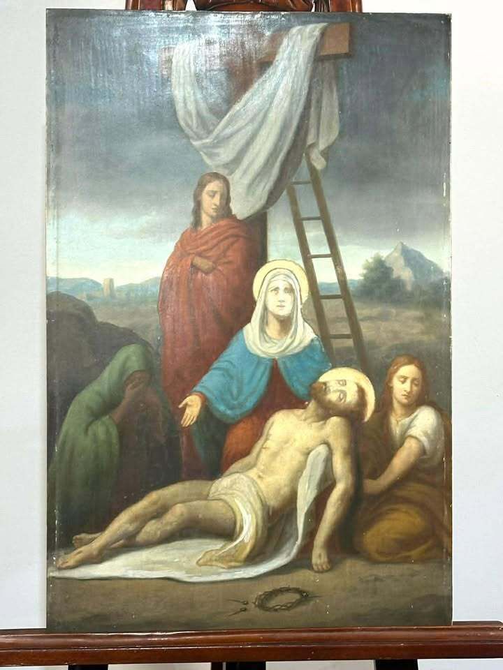 Art Early 20th Century 'Pieta' Italian School Oil On Zinc photo