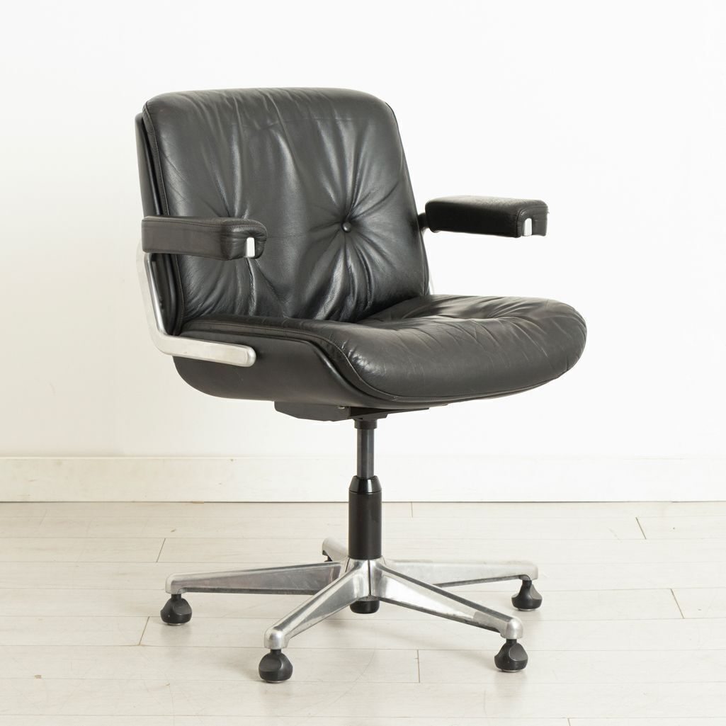 Pasal Office Chair In Black Leather With Plywood Shell & Aluminium Base By Karl Dittert For Giroflex C.1975