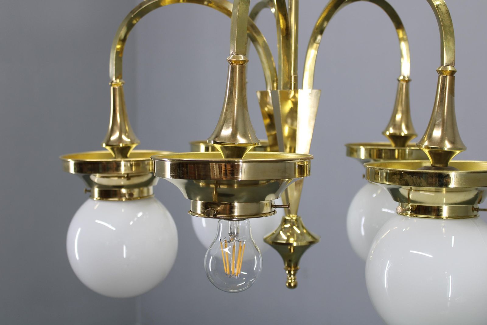 1930s Czechoslovak Art Deco Brass Chandelier With Five Opaline Glass Globes photo vintage