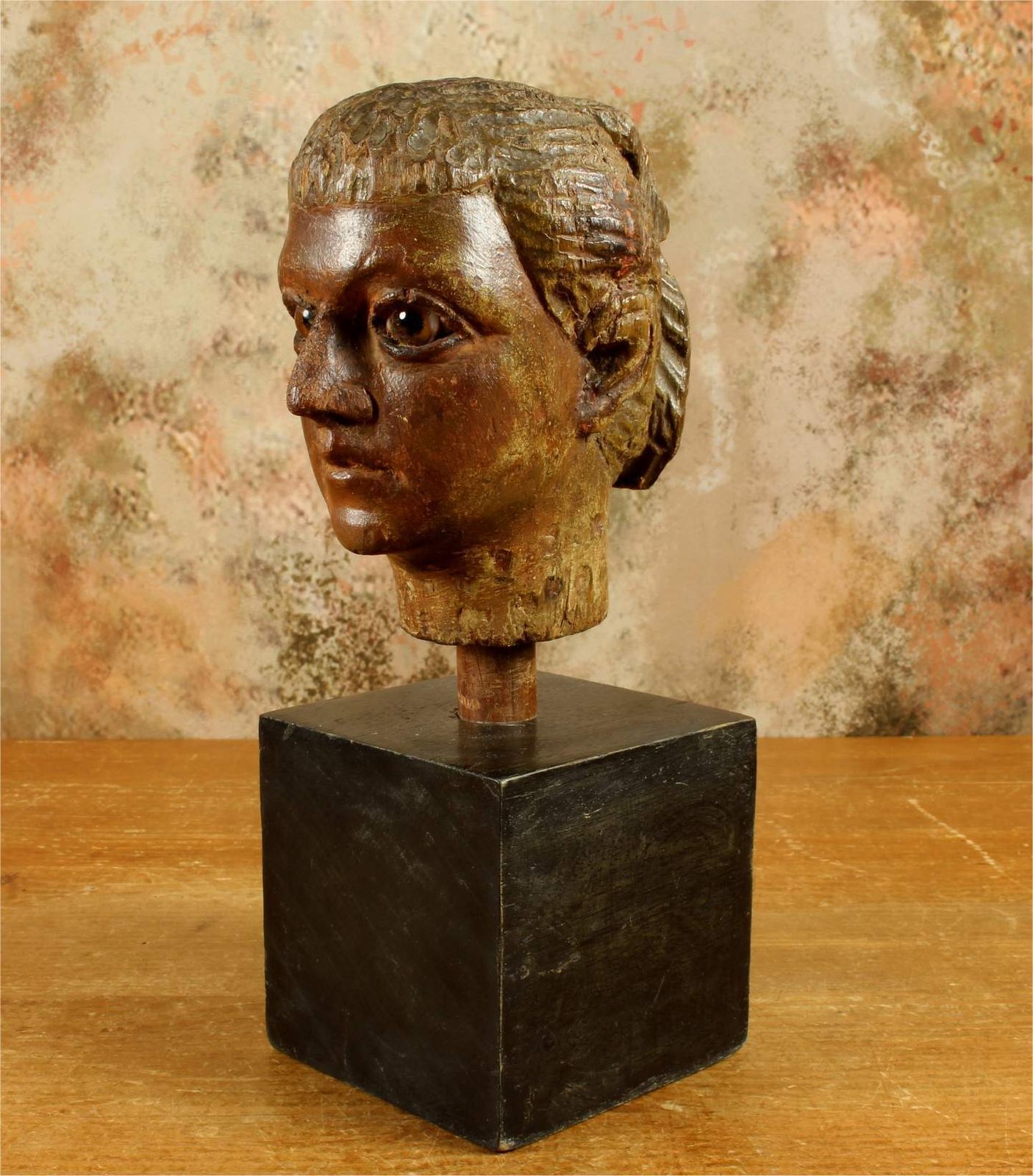 Antique Carved Wood Head. 18th Century Italian Polychrome Statue Carving. photo furniture