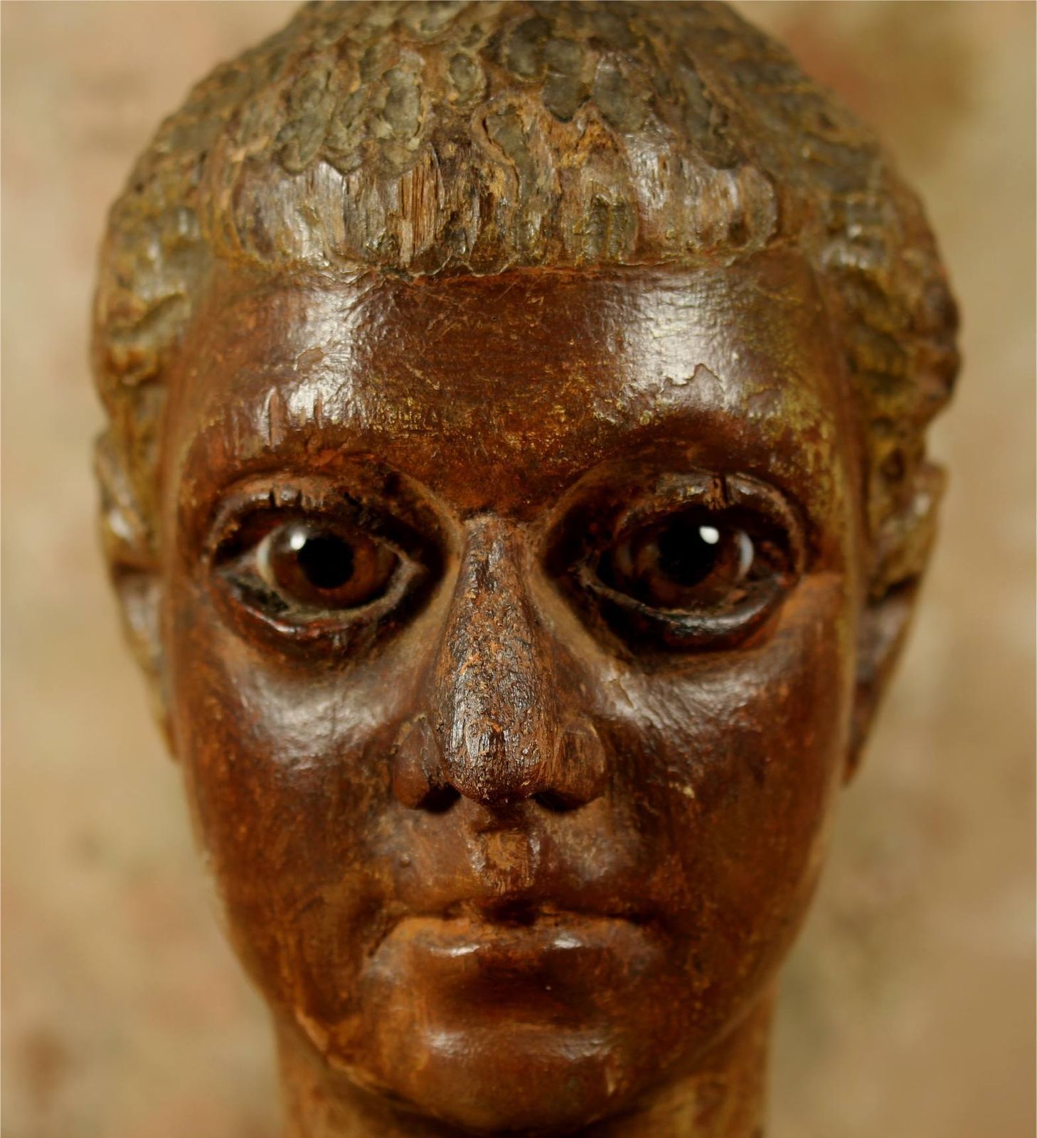 Antique Carved Wood Head. 18th Century Italian Polychrome Statue Carving. photo 810.0