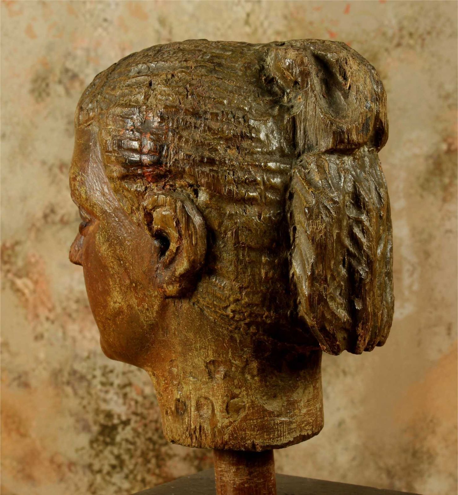 photo furniture Antique Carved Wood Head. 18th Century Italian Polychrome Statue Carving.