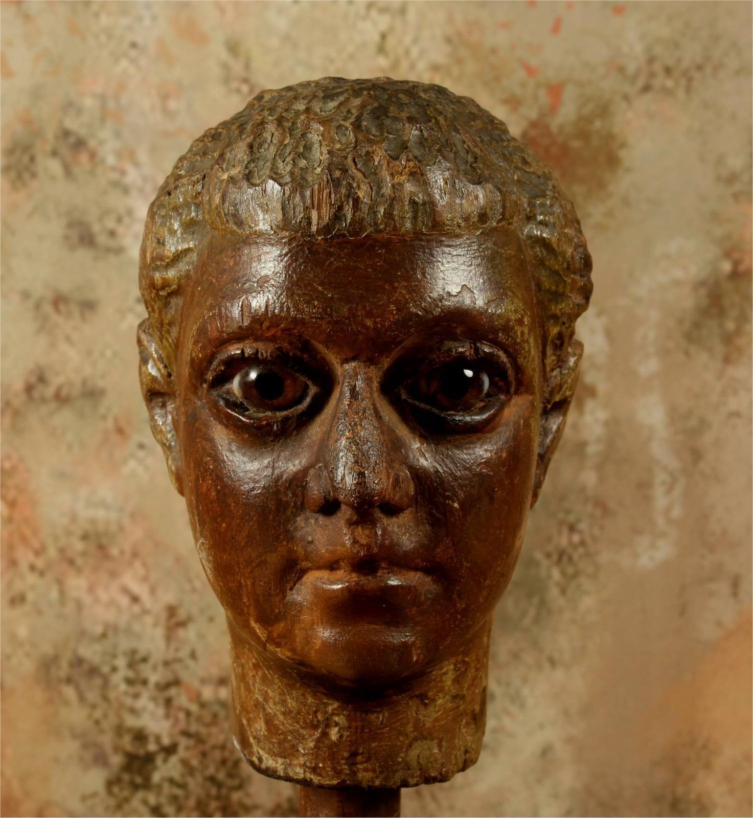 photo vinterior Antique Carved Wood Head. 18th Century Italian Polychrome Statue Carving.