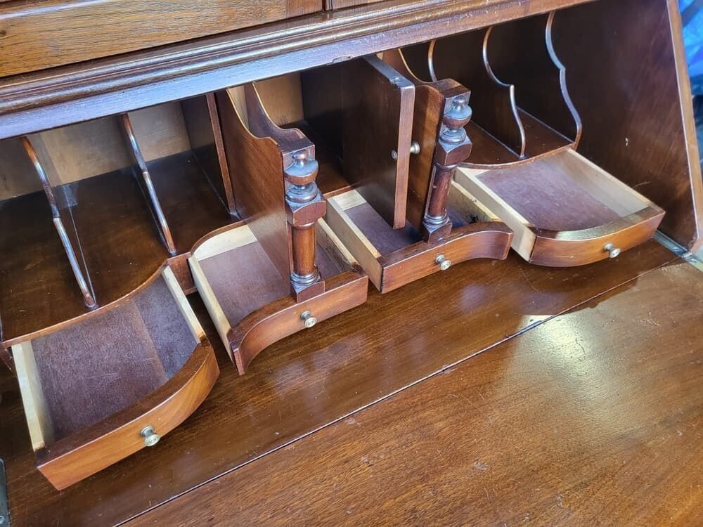 Antique Repro Serpentine Glazed Bookcase Bureau Desk Drawers photo vintage